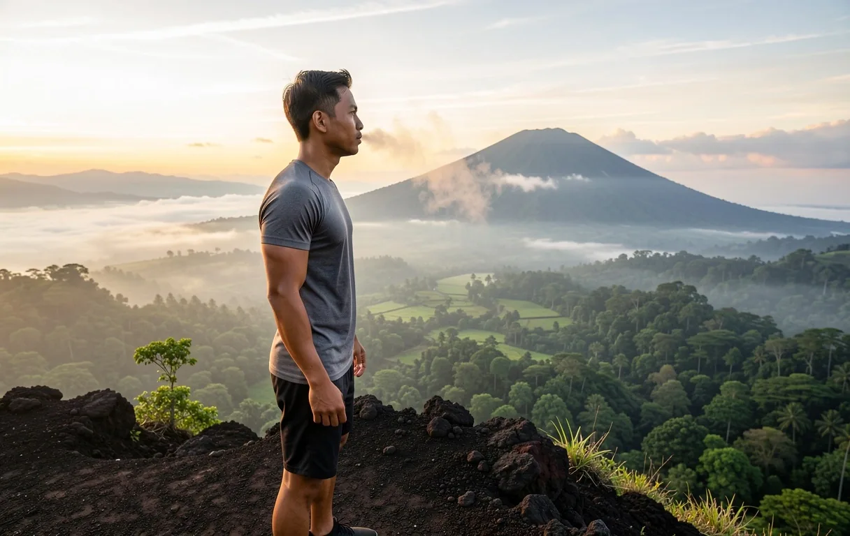 Man overlooking Indonesian landscape
